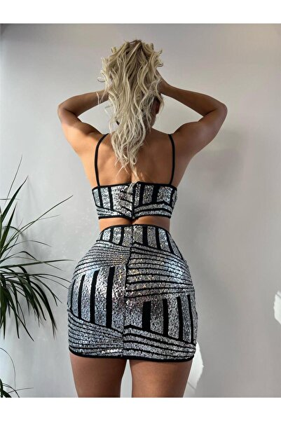 pink and pink Lined Zipper Sequined Silver Sequin Skirt Double Set