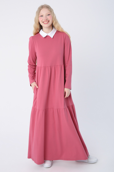 ALLDAY Dusty Rose Cotton Shirt Collar Pocket Ruffle Knitted Dress