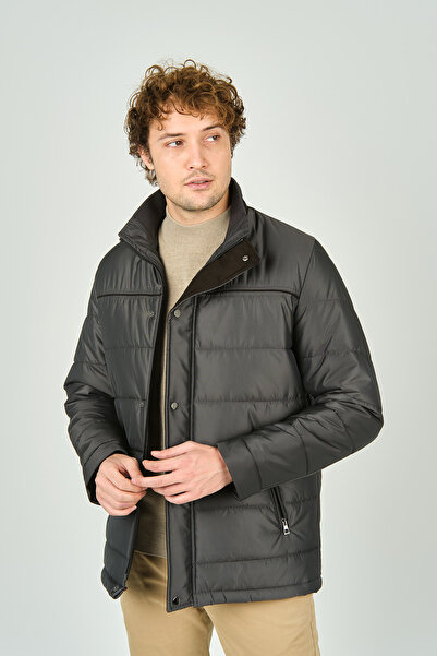 daynax Men's Fur Lined Stand Collar Snap and Zipper Closure Coat 5300 Smoked