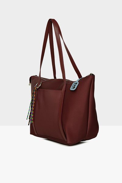 Bagmori Claret Red Women's Colorful Tassel Detailed Satin Tote Bag m 000008174