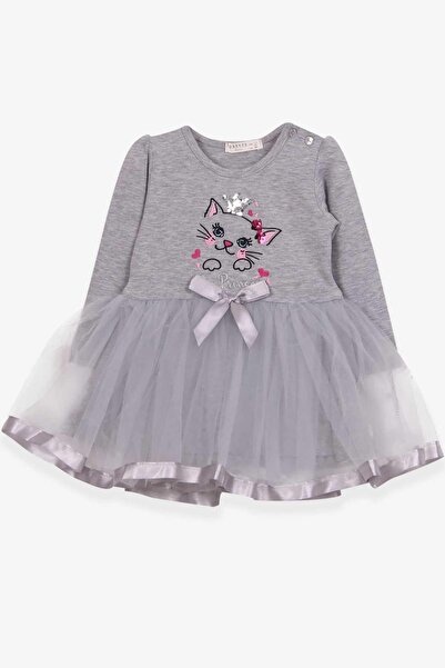 Breeze Girl's Long Sleeve Dress, Kitten Embroidered Sequin, 1.5-5 Years, Gray Melange