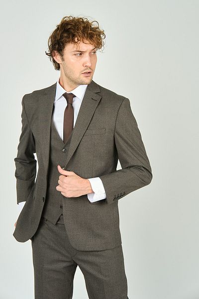 GİO Gio Men's Regular Fit Mono Collar Suit - with Vest, Brown 4460