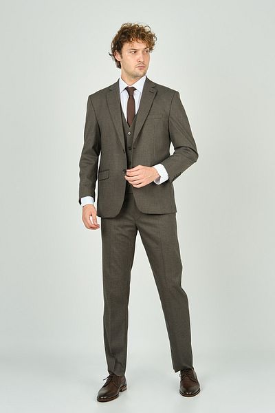 GİO Gio Men's Regular Fit Mono Collar Suit - with Vest, Brown 4460