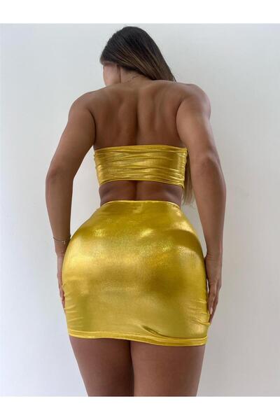 pink life Yellow Lame Gathered Skirt and Strapless Crop Double Set