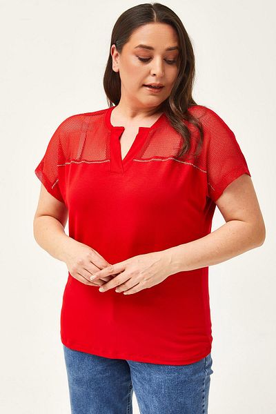 Ebsumu Women's Large Size Mesh Red Blouse with Stone Detail