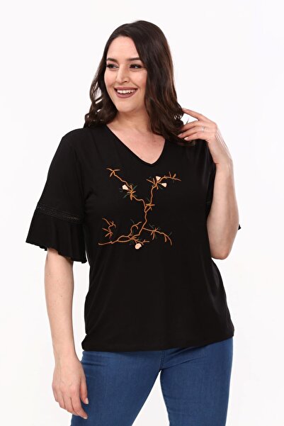Ebsumu Γυναικεία Μαύρη Μπλούζα με Κεντητό Κλαδί με Ισπανικό Μανίκι