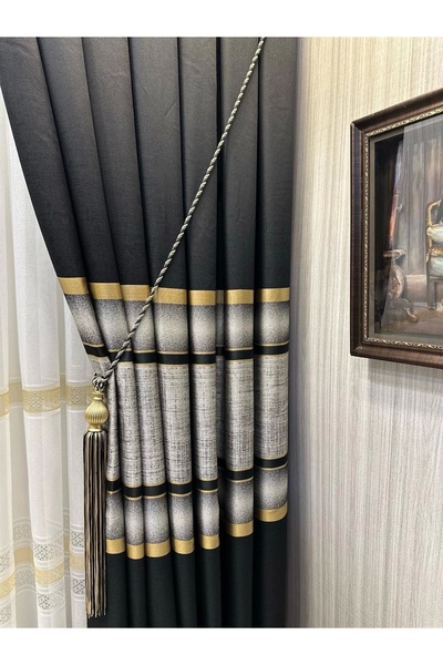 NİVEMESHOME Nivemeshome Melanesia - 1/3 πιο στενή πλισέ κουρτίνα φόντου με μαύρη-χρυσή ρίγα