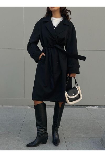 minaaise Women's Black Lining Line Patterned Oversize Trench Coat 28119