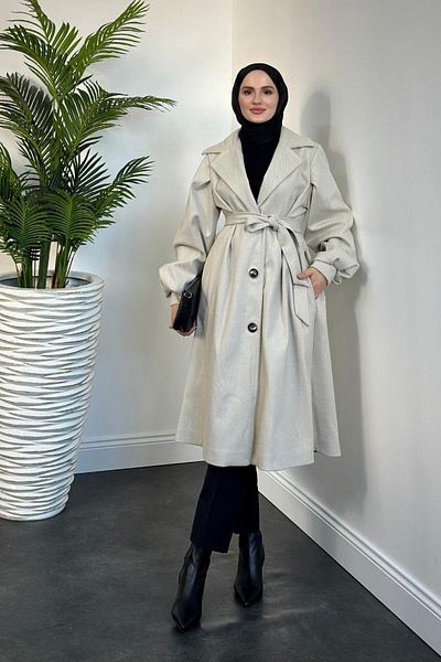 MERVEN AKYÜZ Lianda Cream Mevlana Coat - Με κουμπί και επένδυση