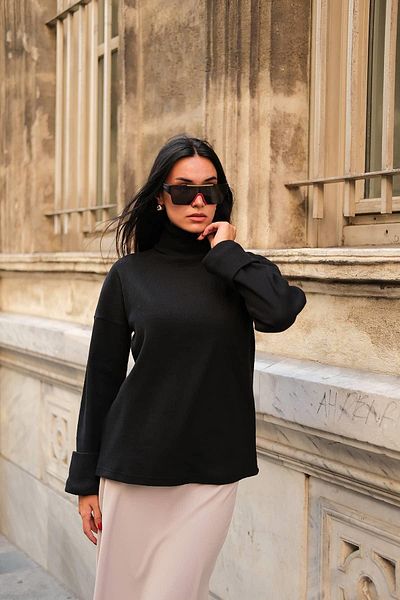 FOR YOU MODA Sleeve Detailed Turtleneck Turtleneck Black Blouse