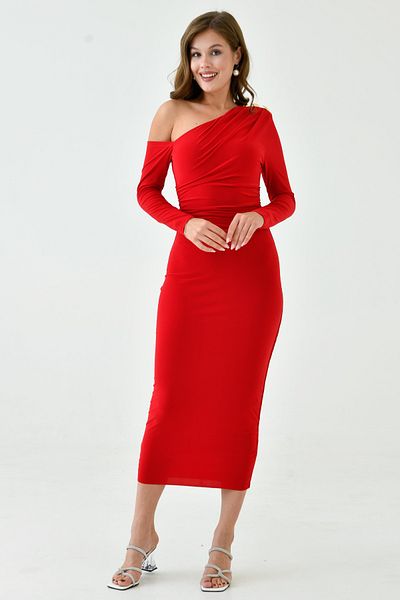 barış sülün lovebox Women's Stretch Fabric Shoulder Button Design Long Sleeve Red Midi Evening Dress 4423