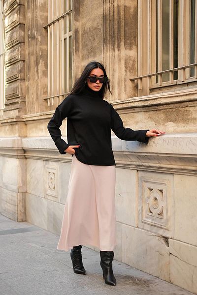 FOR YOU MODA Sleeve Detailed Turtleneck Turtleneck Black Blouse