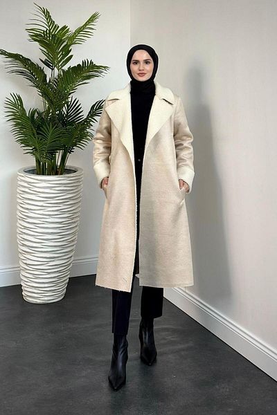 MERVEN AKYÜZ Κρεμ παλτό Rima Cashmere - Μαλλί εσωτερικά
