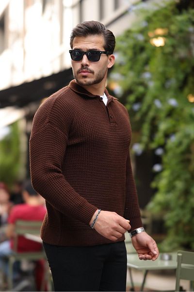 Valiberta Modern Fit Polo Neck Striped Knitwear Sweater - Brown
