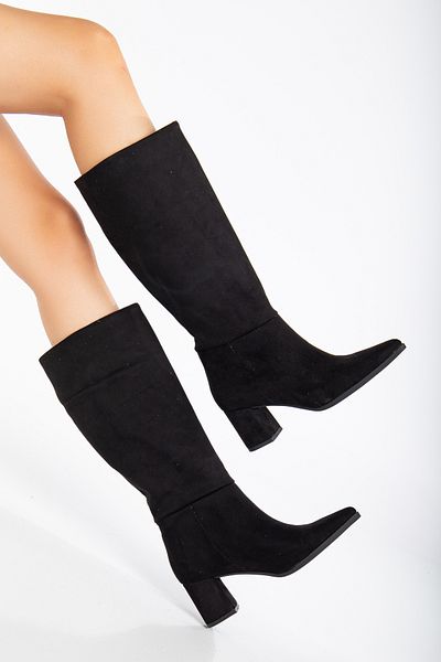 Tonny Black Γυναικείες μαύρες σουέτ Thermo Sole με μυτερές μπότες με τακούνι