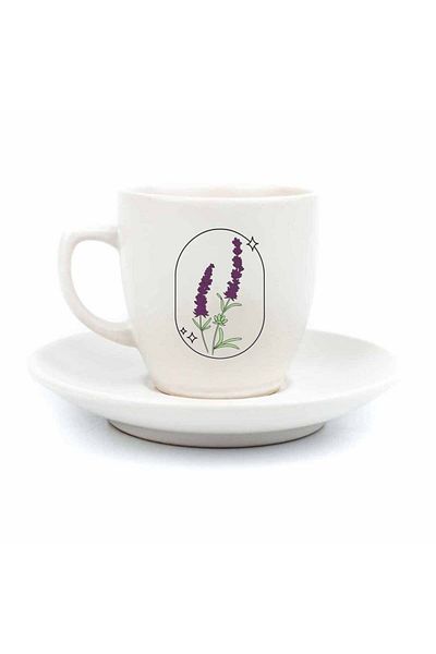 PALTO TASARIM Lavender Designed 2-Person 4-Piece Cream Turkish Coffee Cup Set - Gift Coffee Cup Set
