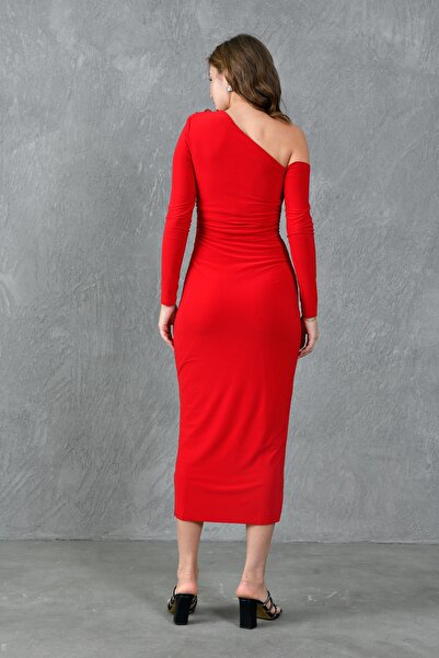 bayansepeti Piros, rugalmas szövetből készült vállgombos, hosszú ujjú midi ruha 4423