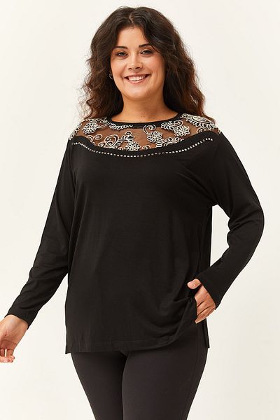 Ebsumu Women's Plus Size Guipure Tulle Detail Transparent Black Blouse