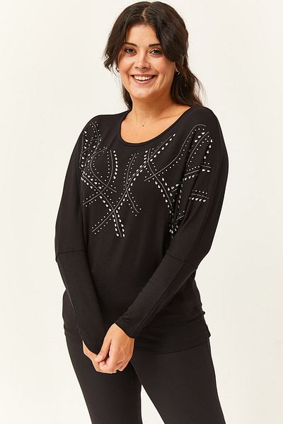 Ebsumu Women's Large Size Drop Stone Printed Black Blouse