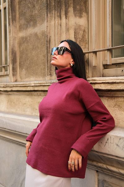 FOR YOU MODA Sleeve Detailed Turtleneck Turtleneck Burgundy Blouse