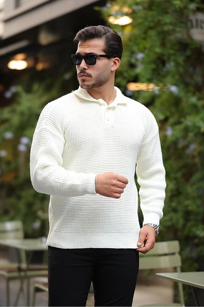 Valiberta Polo Neck Striped Modern Knitwear Sweater - Ecru