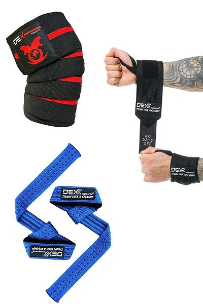 Dex Supports Sports Bracelet - Wrist Wraps Legend + Lifting Straps Pro Blue + Knee Wraps Elite 3 Pack