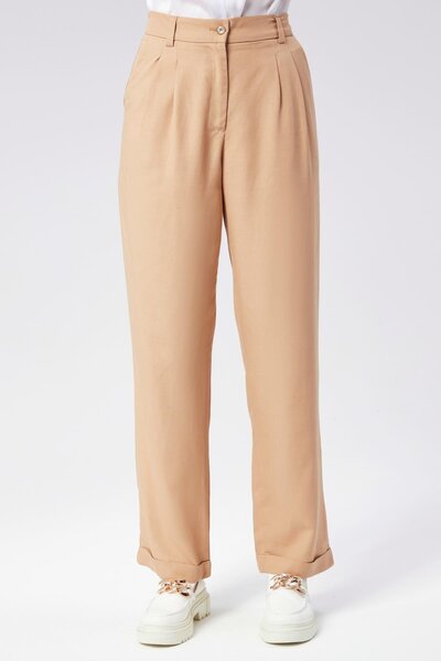 BRACCAS Кам'яного кольору жіночі штани - з напівеластичним поясом, подвійними складками, подвійними штанинами