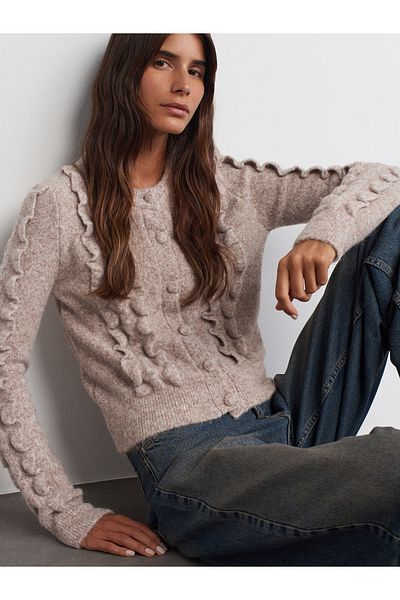 Dilvin 60267 Mink m - Crew Neck Frilly Knitwear Cardigan