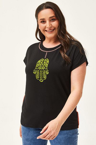 Ebsumu Women's Large Size Black Blouse with Hand Embroidery Detail
