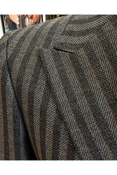 TerziAdemAltun Black Italian Style Slim Fit Striped Double Breasted Jacket and Pants Set - T12983