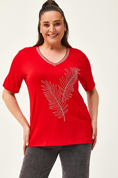 Ebsumu Kadın Büyük Beden Yaprak Desenli Taş Baskılı Kırmızı Bluz