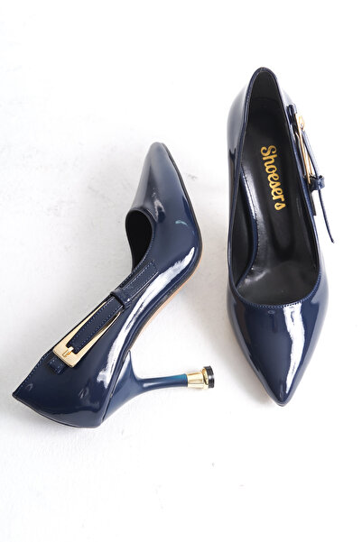 Redoxy Women's Special Design Thin Heeled Navy Blue Patent Leather Stiletto with Metal Accessories