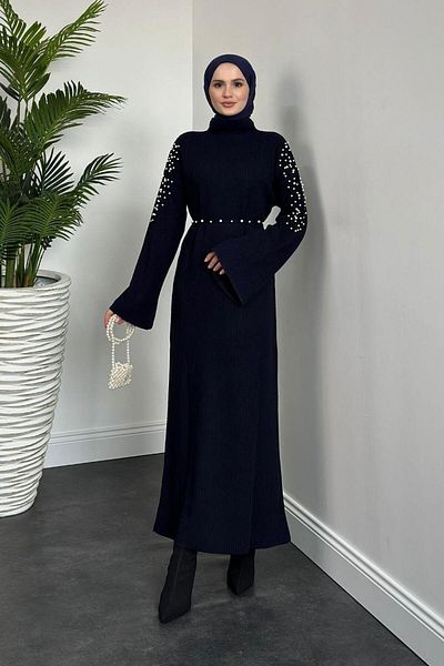 MERVEN AKYÜZ Navy Blue Maya Shoulder Pearl Knitwear Dress