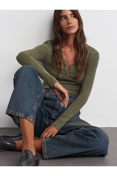 Dilvin 31158 Model Top-Khaki Color Washing Effect