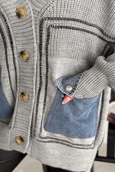 FEMELLE Women's Gray Oversize Knitwear Cardigan Standard Size Buttoned Jeans with Pocket Detail
