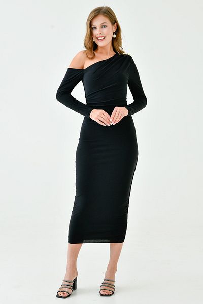 WOMAN VISION Rochie midi cu mânecă lungă, cu nasturi, din material elastic, negru, pentru femei 4423