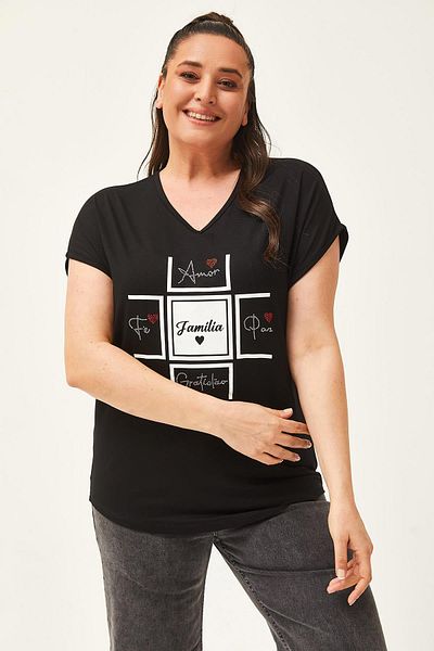 Ebsumu Women's Large Size Familia Printed Black Blouse