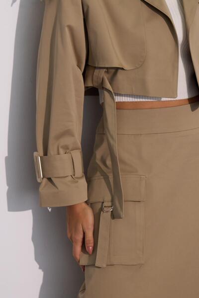 NOK İSTANBUL Cityscape Mink Oversize Trench Coat - Recycled Fabric, Short Length with Belt