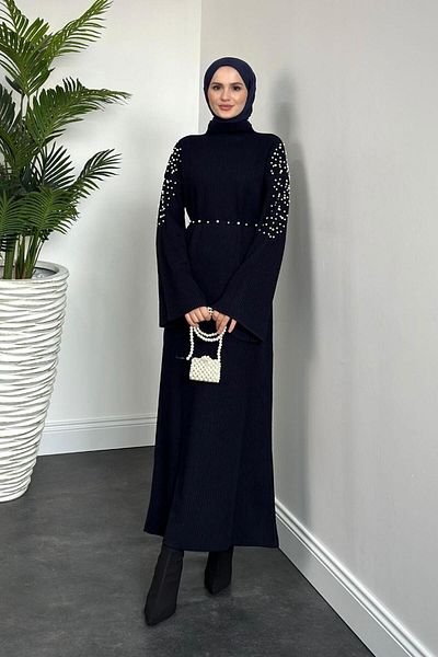 MERVEN AKYÜZ Navy Blue Maya Shoulder Pearl Knitwear Dress