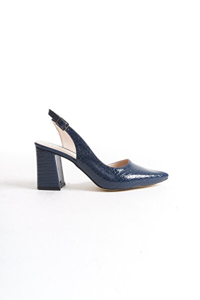 Shoesers Kadın Lacivert Croco Asimetrik Bantlı Sivri Burunlu Kalın Topuklu Ayakkabı
