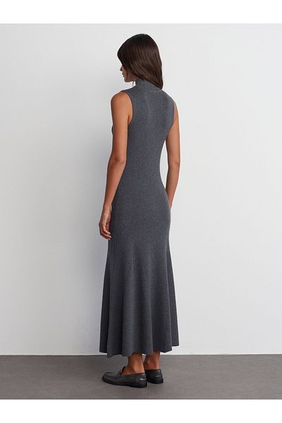 Dilvin 90234 Smoke M. - Stand Collar Ribbed Sleeveless Knitwear Dress