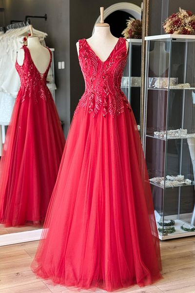 Lenta Moda Red V-Neck Leaf Pattern Lace Detailed Maxi Length Evening and Wedding Dress
