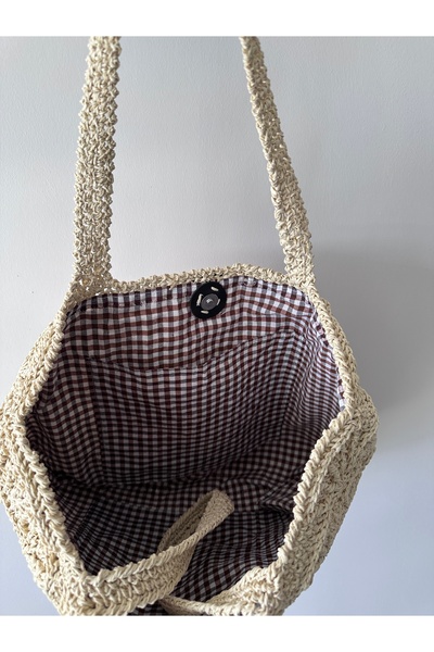 Bucci Handmade Kağıt Ip Örme Çanta / El Örgüsü Omuz Çantası / Hasır Çanta/saman Rengi Astarlı Çanta