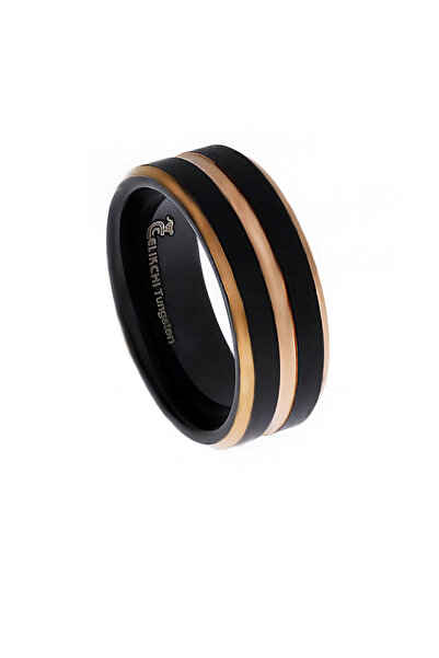 celikchi Erkek Üç Sıra Rose Detay Siyah Tungsten Yüzük