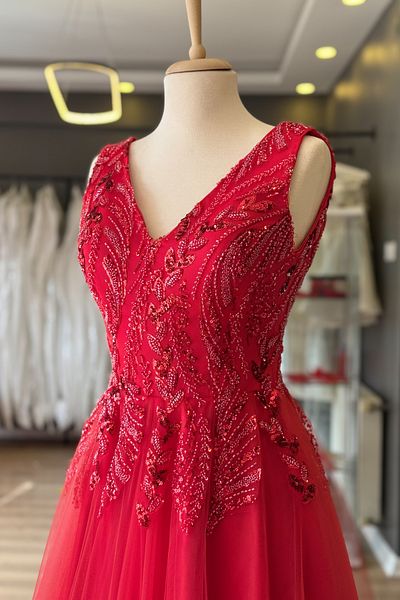 Lenta Moda Red V-Neck Leaf Pattern Lace Detailed Maxi Length Evening and Wedding Dress