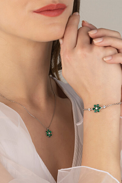 Else Silver 925 Ayar Gümüş Yeşil Bahar Çiçeği Kolye Ve Bileklik Kombin