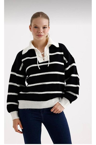 ASM Fashion Pulover cu șireturi în dungi pentru damă