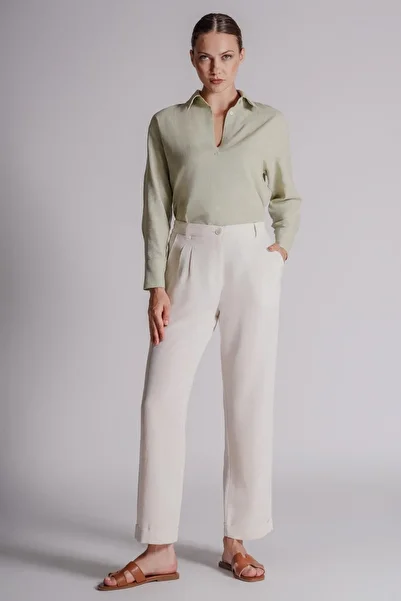 BRACCAS Women's Linen Blended Waist Half Elastic Double Pleated Double Leg Trousers Natural