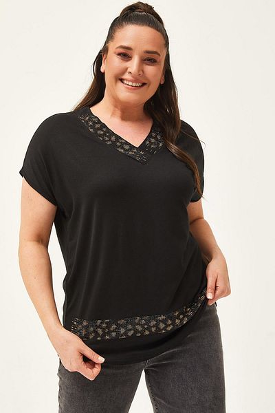 Ebsumu Women's Plus Size Collar and Skirt Leopard Stone Detail Black-Brown Blouse