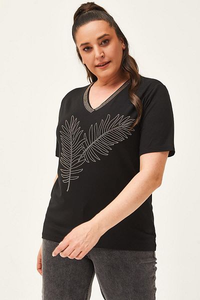 Ebsumu Women's Large Size Leaf Patterned Stone Printed Black-Brown Blouse